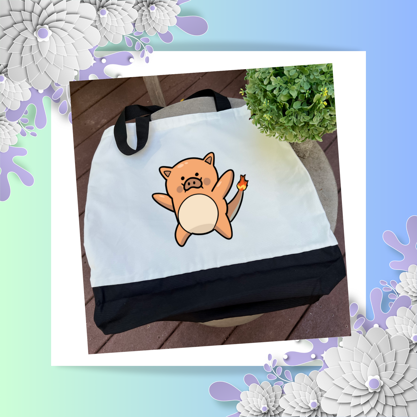 Snoey and Nixie | Tote Bag | Pokemon Theme - Charmander Pig | Pig Bag