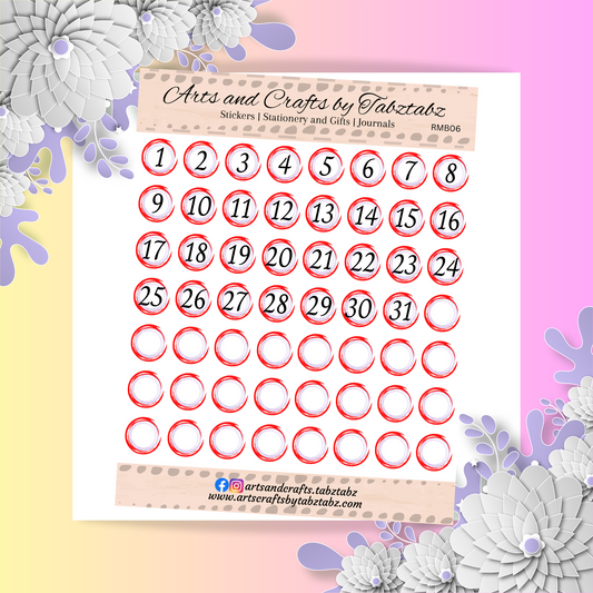 Round Number | Date-Day | Journaling | Red | RMB06 | White Sticker Matte