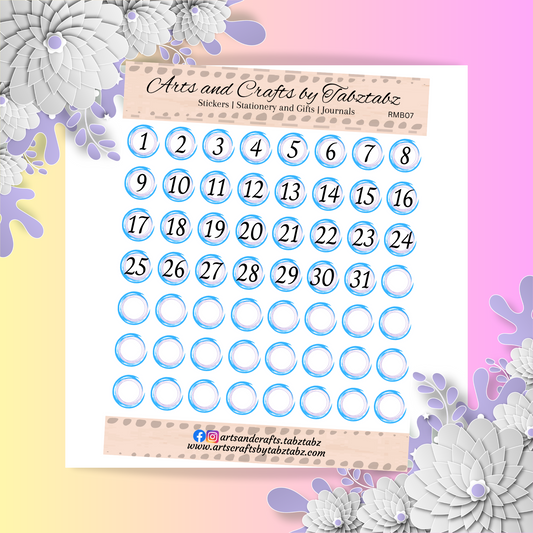 Round Number | Date-Day | Journaling | Blue | RMB07 | White Sticker Matte