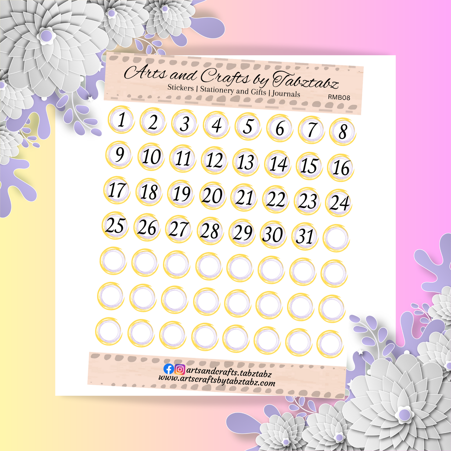 Round Number | Date-Day | Journaling | Yellow | RMB08 | White Sticker Matte